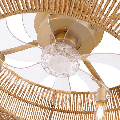 Moooni 24" Smart Boho Gold Rattan Caged Drum Flush Mount Ceiling Fan Lights