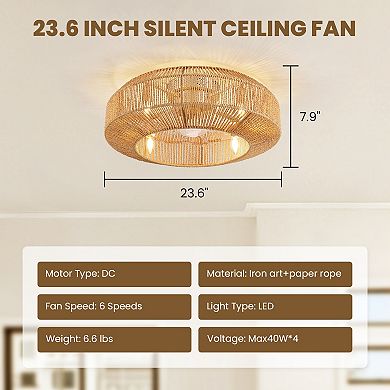 Moooni 24" Smart Boho Gold Rattan Caged Drum Flush Mount Ceiling Fan Lights