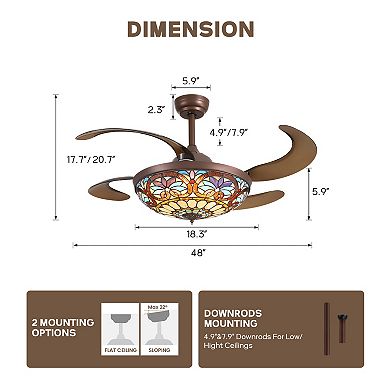 Moooni 48" Smart Tiffany Stained Glass Retractable Ceiling Fan with Dimmable LED