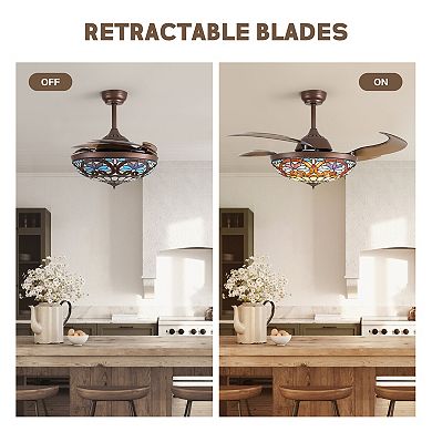 Moooni 48" Smart Tiffany Stained Glass Retractable Ceiling Fan with Dimmable LED