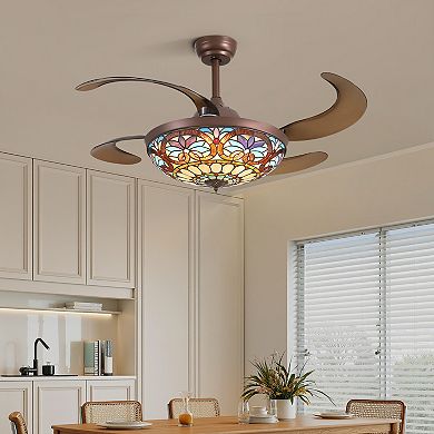 Moooni 48" Smart Tiffany Stained Glass Retractable Ceiling Fan with Dimmable LED