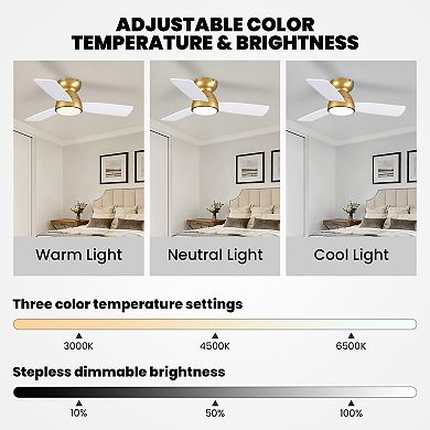 Moooni 32" Smart Gold&White Flush Mount Ceiling Fan with Dimmable LED Light