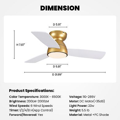 Moooni 32" Smart Gold&White Flush Mount Ceiling Fan with Dimmable LED Light