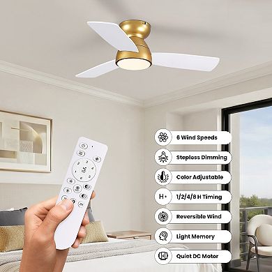 Moooni 32" Smart Gold&White Flush Mount Ceiling Fan with Dimmable LED Light