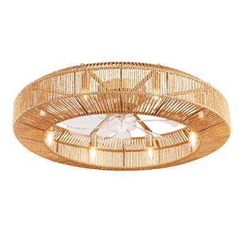 Moooni 31.5" Boho Wicker Caged Flush Mount Ceiling Fan with Light&Remote