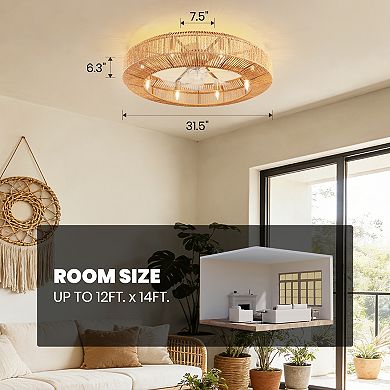 Moooni 31.5" Boho Wicker Caged Flush Mount Ceiling Fan with Light&Remote