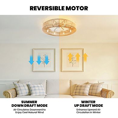 Moooni 31.5" Boho Wicker Caged Flush Mount Ceiling Fan with Light&Remote
