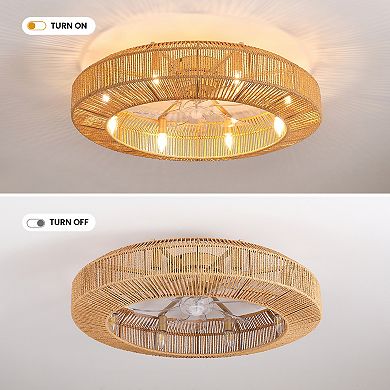 Moooni 31.5" Boho Wicker Caged Flush Mount Ceiling Fan with Light&Remote