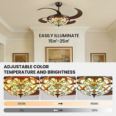 Moooni 48 in Coffee-Colored Tiffany Baroque Invisible Ceiling LED Fan Light with Timer, Dimming