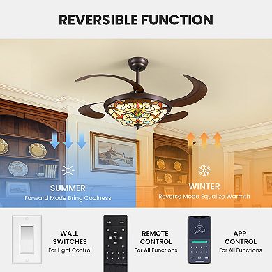 Moooni 48 in Coffee-Colored Tiffany Baroque Invisible Ceiling LED Fan Light with Timer, Dimming