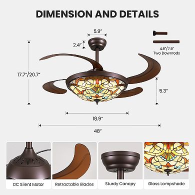 Moooni 48 in Coffee-Colored Tiffany Baroque Invisible Ceiling LED Fan Light with Timer, Dimming