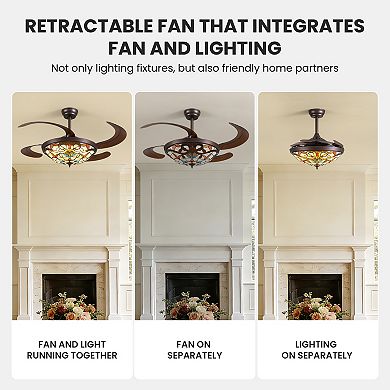 Moooni 48 in Coffee-Colored Tiffany Baroque Invisible Ceiling LED Fan Light with Timer, Dimming