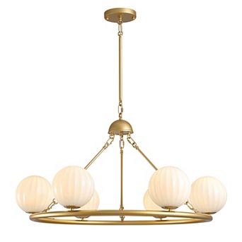 Moooni 6-Light Molecular Sphere Round Hanging Chandelier with Beige Striped Glass Shades