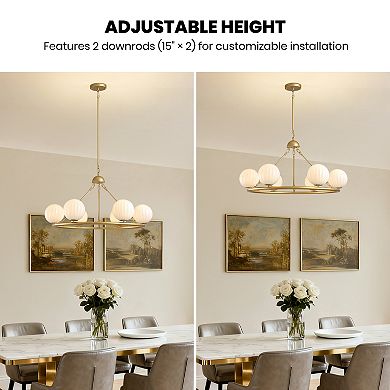 Moooni 6-Light Molecular Sphere Round Hanging Chandelier with Beige Striped Glass Shades