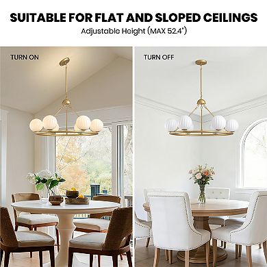 Moooni 6-Light Molecular Sphere Round Hanging Chandelier with Beige Striped Glass Shades
