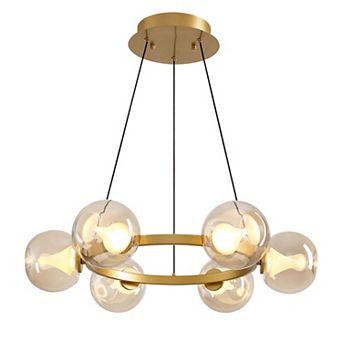 Moooni 6-Light Gold Round Dream Molecule Chandelier with Tea Glass Shades, Dimmable and Remote Con