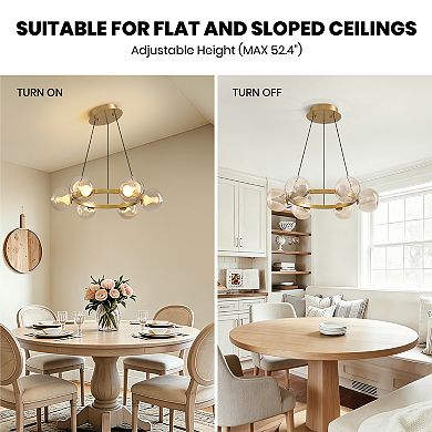 Moooni 6-Light Gold Round Dream Molecule Chandelier with Tea Glass Shades, Dimmable and Remote Con
