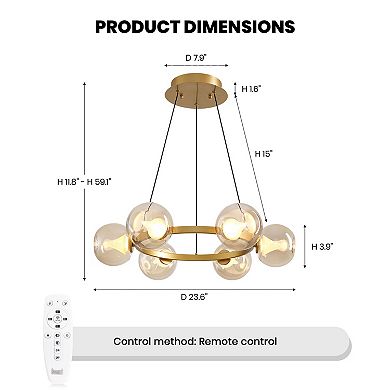 Moooni 6-Light Gold Round Dream Molecule Chandelier with Tea Glass Shades, Dimmable and Remote Con