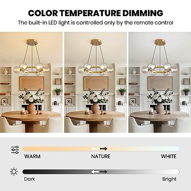 Moooni 6-Light Gold Round Dream Molecule Chandelier with Tea Glass Shades, Dimmable and Remote Con