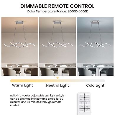 Moooni 35" LED Wave Chandelier, Dimmable Silver Pendant Light with Remote Control for Dining Room