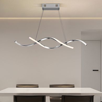 Moooni 35" LED Wave Chandelier, Dimmable Silver Pendant Light with Remote Control for Dining Room
