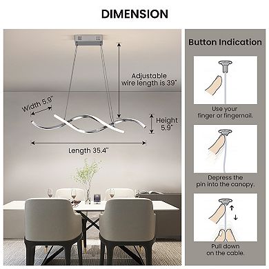 Moooni 35" LED Wave Chandelier, Dimmable Silver Pendant Light with Remote Control for Dining Room