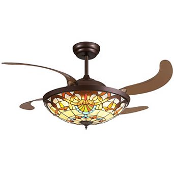 Moooni 52 in Coffee Tiffany Baroque Invisible Ceiling LED Fan Light with Dimming&Reversible