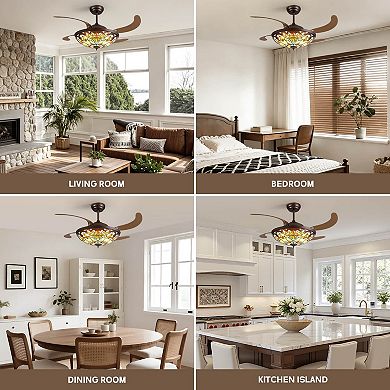 Moooni 52 in Coffee Tiffany Baroque Invisible Ceiling LED Fan Light with Dimming&Reversible