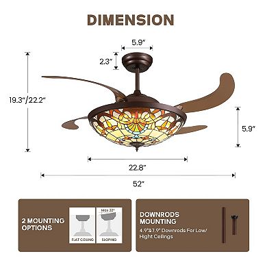 Moooni 52 in Coffee Tiffany Baroque Invisible Ceiling LED Fan Light with Dimming&Reversible