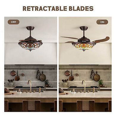 Moooni 52 in Coffee Tiffany Baroque Invisible Ceiling LED Fan Light with Dimming&Reversible