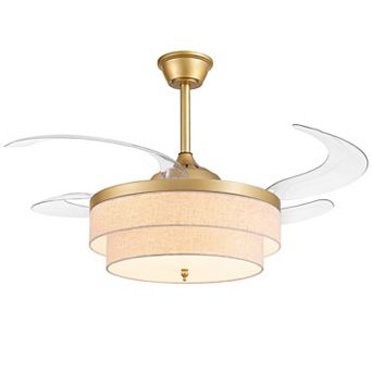 Moooni 48" Gold Drum Retractable Ceiling Fan with Light, Dimmable LED Fandelier with Remote & APP