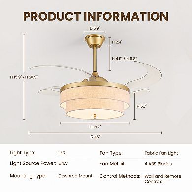 Moooni 48" Gold Drum Retractable Ceiling Fan with Light, Dimmable LED Fandelier with Remote & APP