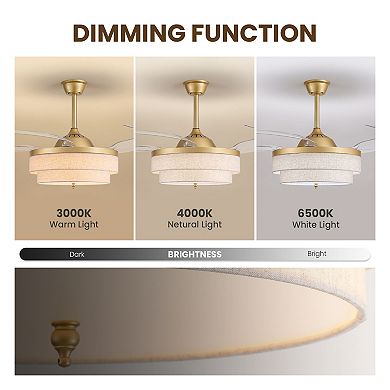 Moooni 48" Gold Drum Retractable Ceiling Fan with Light, Dimmable LED Fandelier with Remote & APP
