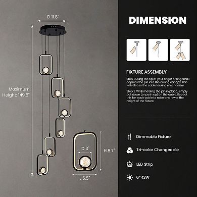 Moooni 6-Light LED Crystal Staircase Chandelier, Black Adjustable High Ceiling Light Fixture