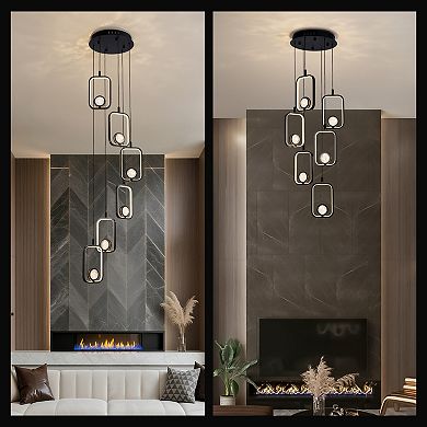 Moooni 6-Light LED Crystal Staircase Chandelier, Black Adjustable High Ceiling Light Fixture