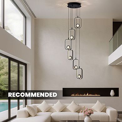 Moooni 6-Light LED Crystal Staircase Chandelier, Black Adjustable High Ceiling Light Fixture