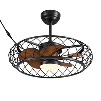 Moooni 24" Smart Waterproof Black Cage Ceiling Fan with Wood Grain Blades&Dimmable LED