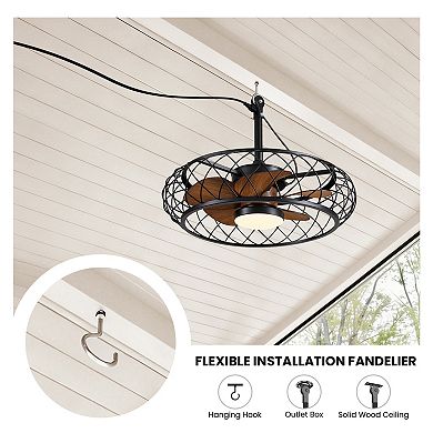 Moooni 24" Smart Waterproof Black Cage Ceiling Fan with Wood Grain Blades&Dimmable LED