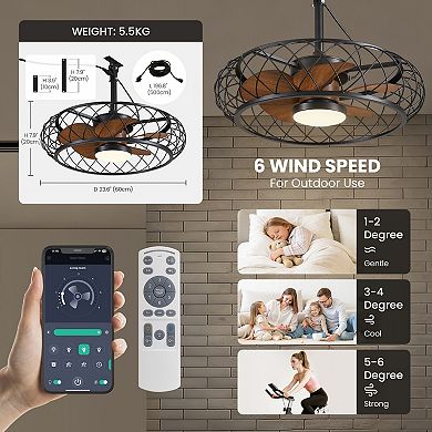 Moooni 24" Smart Waterproof Black Cage Ceiling Fan with Wood Grain Blades&Dimmable LED