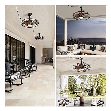Moooni 24" Smart Waterproof Black Cage Ceiling Fan with Wood Grain Blades&Dimmable LED