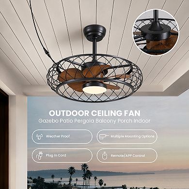 Moooni 24" Smart Waterproof Black Cage Ceiling Fan with Wood Grain Blades&Dimmable LED
