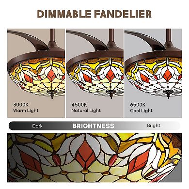 Moooni 42" Smart Tiffany Stained Glass Retractable Ceiling Fan with Dimmable LED