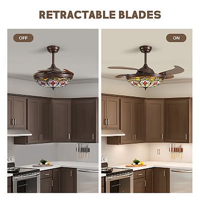 Moooni 42" Smart Tiffany Stained Glass Retractable Ceiling Fan with Dimmable LED