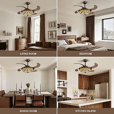 Moooni 42" Smart Tiffany Stained Glass Retractable Ceiling Fan with Dimmable LED
