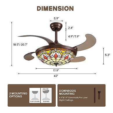 Moooni 42" Smart Tiffany Stained Glass Retractable Ceiling Fan with Dimmable LED