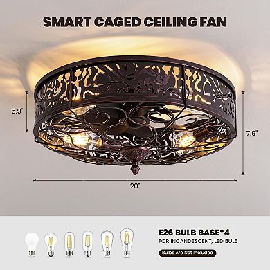 Moooni 20" Vintage Caged Flush Mount Ceiling Fan with Light&Remote