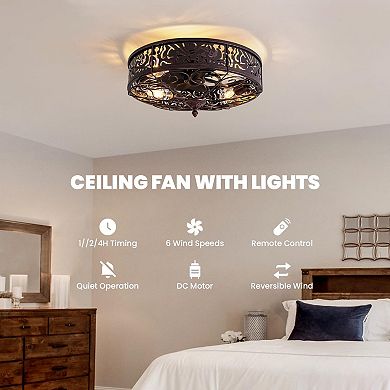 Moooni 20" Vintage Caged Flush Mount Ceiling Fan with Light&Remote