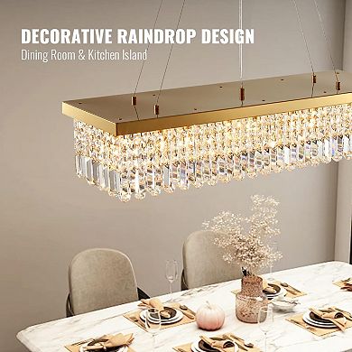 Moooni 8-Light Gold Rectangular Raindrop Crystal Chandelier Adjustable Height for Dining Room