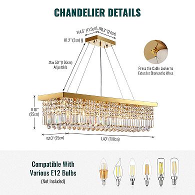 Moooni 8-Light Gold Rectangular Raindrop Crystal Chandelier Adjustable Height for Dining Room