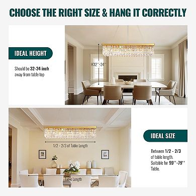 Moooni 8-Light Gold Rectangular Raindrop Crystal Chandelier Adjustable Height for Dining Room
